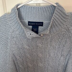 Karen Scott Pale Blue Cable Knit Sweater with Pearl Snap